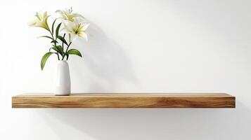 A minimalist wooden shelf displaying a vase of lilies against a white wall. photo