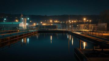 A nighttime industrial scene with illuminated structures and calm water reflections. photo