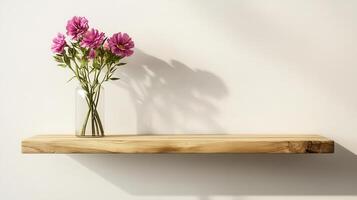 A minimalist shelf displays a vase of pink flowers against a plain wall. photo