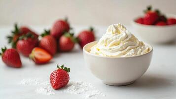 A bowl of whipped cream topped with fresh strawberries, creating a delightful dessert scene. photo