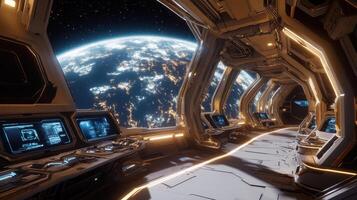 Futuristic spacecraft interior with a view of Earth. photo