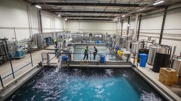Industrial facility with water tanks and workers engaged in processing. photo