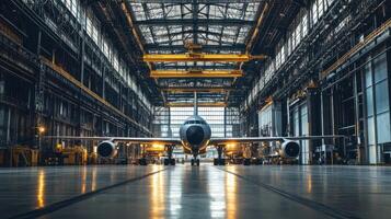 A large aircraft inside a spacious hangar, illuminated by overhead lights. photo