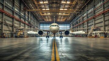 A spacious aircraft hangar with two airplanes, showcasing aviation maintenance and storage. photo