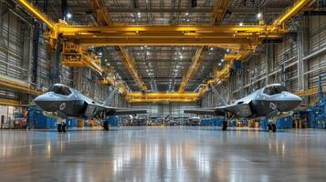 Two advanced fighter jets in a spacious manufacturing facility. photo