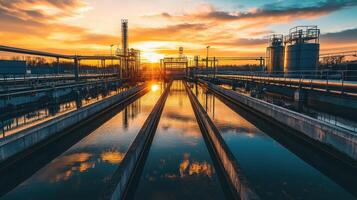 Industrial facility at sunset with reflective water channels and machinery. photo