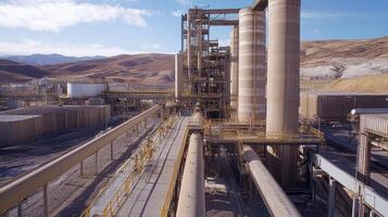 Industrial facility with large silos and pipelines in a mountainous landscape. photo