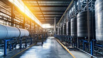 Industrial interior with large storage tanks and pipelines, emphasizing manufacturing processes. photo