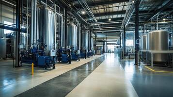 A modern industrial facility with large metal tanks and machinery for processing photo