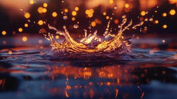 A splash of water reflecting warm light, creating a serene and dynamic atmosphere photo