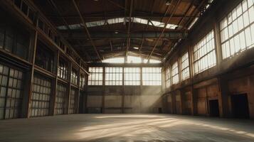 A spacious industrial warehouse with large windows and soft light streaming in photo