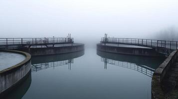 A foggy scene of water treatment tanks reflecting still water, highlighting industrial processes photo