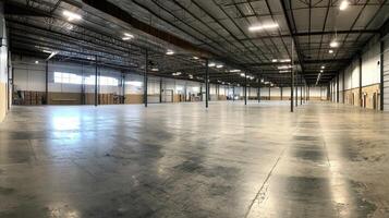 A spacious, empty warehouse with high ceilings and concrete flooring photo