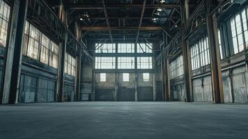 A spacious, empty industrial warehouse with large windows and exposed structural elements. photo