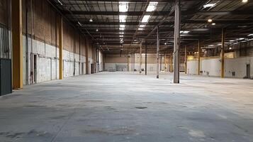 An empty industrial warehouse with high ceilings and concrete flooring. photo