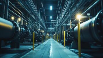 A view of industrial pipes and machinery in a dimly lit facility. photo