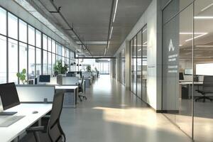 Modern office interior featuring workstations and glass partitions. photo