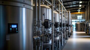 Industrial facility featuring large metallic tanks and piping for processing or storage. photo