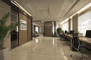 Modern office interior with sleek design and workstations photo