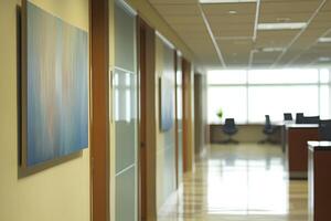 A modern office hallway with abstract art and a professional atmosphere photo