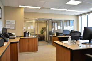 Modern office space with desks, computers, and glass partitions for collaboration. photo