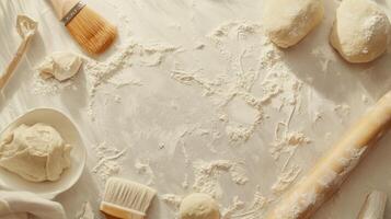 A baking scene with flour, dough, and utensils on a countertop. photo
