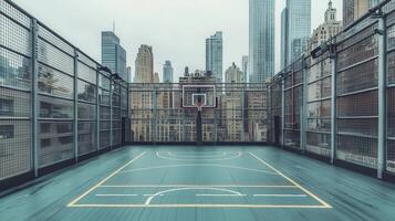 Rooftop basketball court with city skyline backdrop on a cloudy day. photo