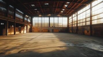 A spacious, sunlit industrial warehouse with large windows and a concrete floor. photo