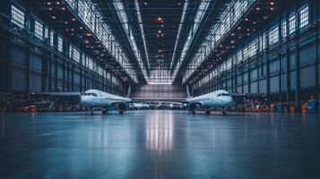 A spacious aircraft hangar with two parked airplanes under bright industrial lighting photo