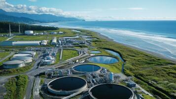 Aerial view of a coastal industrial facility with water treatment tanks and natural surroundings photo