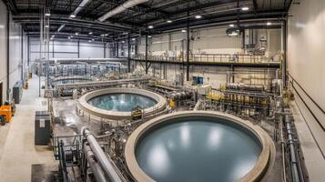 Industrial facility with large circular tanks for processing or storage photo
