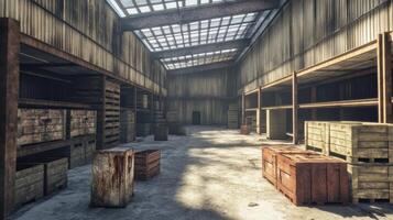 An empty warehouse interior with wooden crates and industrial lighting. photo