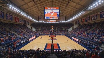 A vibrant indoor basketball arena filled with fans, showcasing a game in progress. photo