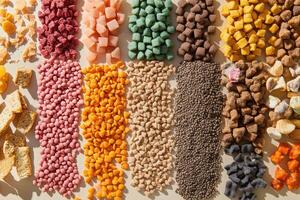 A colorful assortment of various dried fruits, nuts, and snacks arranged in neat rows. photo