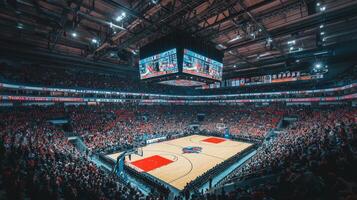 A packed arena during a basketball game, showcasing excitement and fan engagement photo