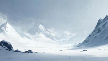 A serene winter landscape featuring snow-covered mountains and a vast white expanse. photo