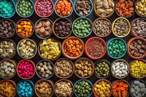 A colorful arrangement of various candies and snacks in bowls, showcasing vibrant treats. photo