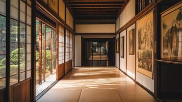 A serene hallway in a traditional Japanese house with sliding doors and artwork. photo