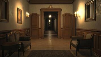 A dimly lit corridor with wooden doors and vintage furniture, evoking a mysterious atmosphere photo