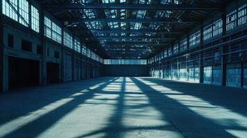 A spacious industrial interior with large windows casting shadows on the floor photo