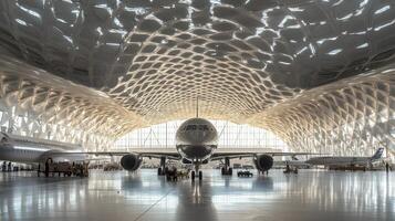 A large airplane inside a modern, architecturally striking hangar with natural lighting photo