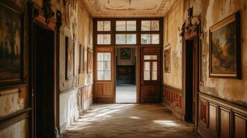 An abandoned hallway with peeling walls and wooden doors, illuminated by natural light photo