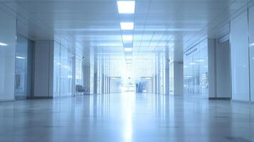 A spacious, modern corridor with bright lighting and reflective floors. photo