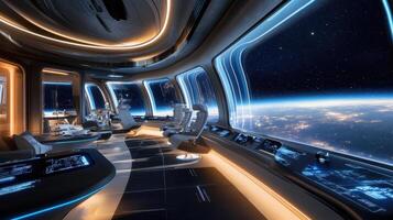 Futuristic spacecraft interior with large windows showcasing Earth from space. photo