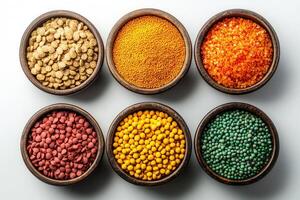 A collection of colorful grains and pulses in bowls, highlighting variety and texture photo