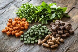 Various colorful pet food pellets arranged on a wooden surface with fresh greens photo