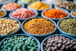 A variety of colorful legumes and grains in bowls, showcasing diverse food options photo