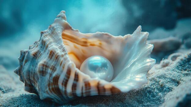 A close-up of a shell with a pearl inside, submerged in clear water photo