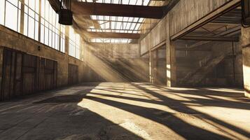 An empty industrial space illuminated by sunlight, showcasing concrete and beams photo