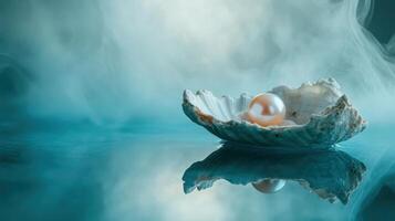 A pearl resting in an open shell on a reflective surface, surrounded by mist. photo